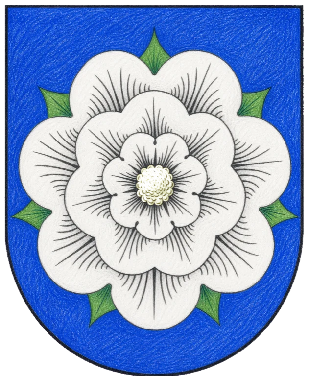 Buntstiftzeichnung des Bramscher Stadtwappens mit weißer Rose auf blauem Schild