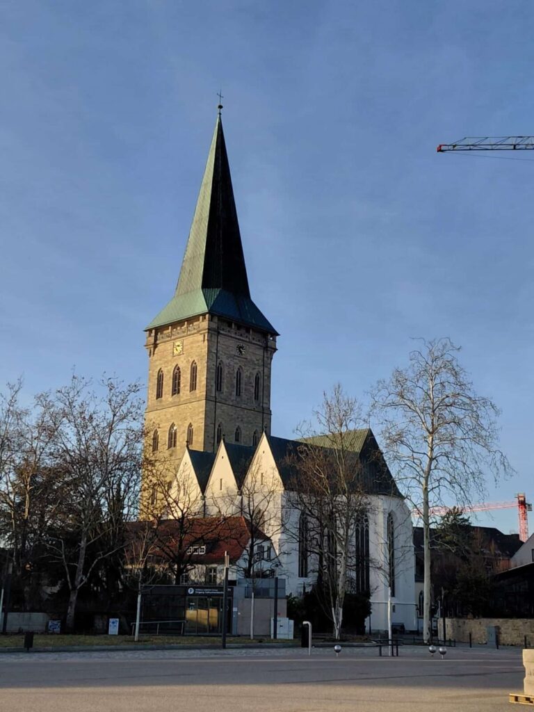 Die St. Katharinenkirche in Osnabrück mit hohem Turm und grüner Turmspitze im Sonnenlicht, davor kahle Bäume