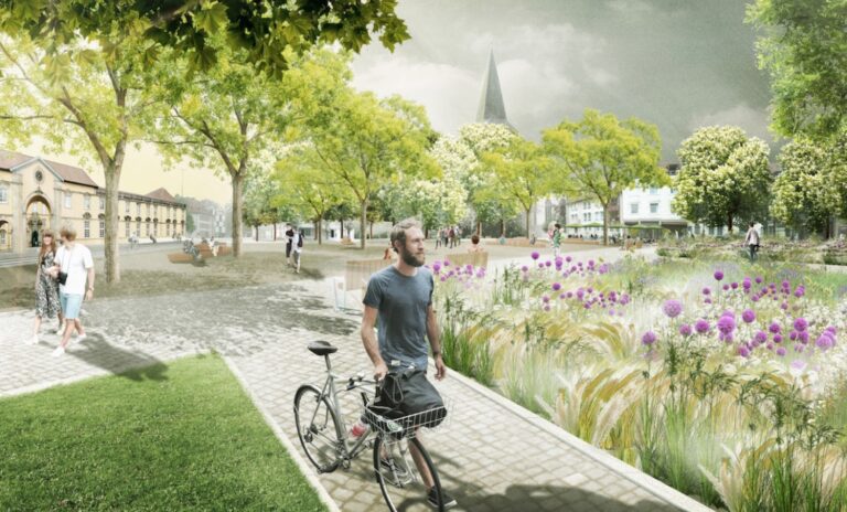 Die Zukunft des Ledenhofs: Viel Grün und ein Hipster mit Bierflasche im Fahrradkorb der sein Fahrrad schiebt. Entwurf: bbz landschaftsarchitekten
