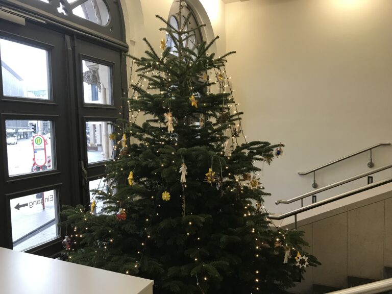 Der Weihnachtsbaum steht direkt im Eingangsbereichs des Landgerichts Osnabrück. / Foto: Burrichter