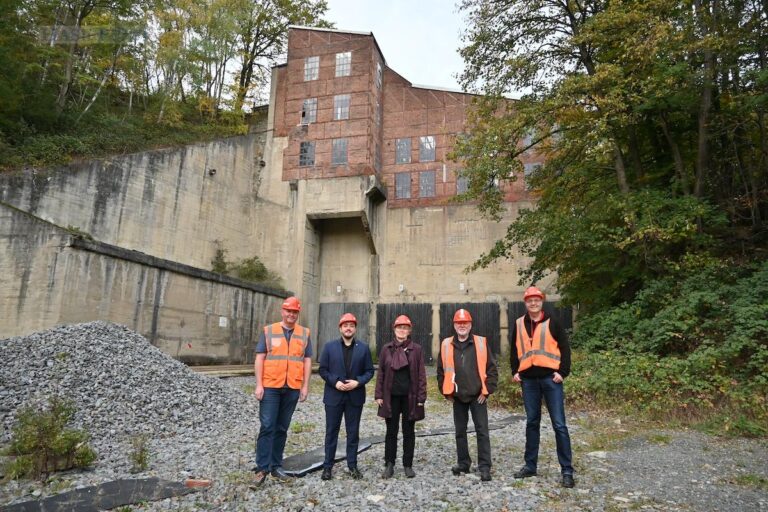 (von links) Karsten Windmann (Osnabrücker Dampflokfreunde), Manuel Gava, Claudia Leyers (Stadt Osnabrück), Eberhard Gillich (Osnabrücker Dampflokfreunde) und Stefan Peitz (Vorstand Osnabrücker Dampflokfreunde) neben dem Gleisbett. / Foto: Johannes Fölling