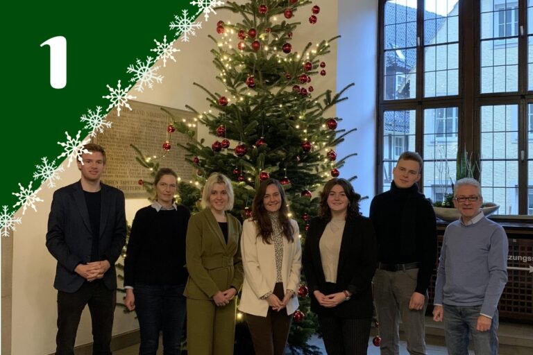 Osnabrücks Städtebotschafterinnen und -botschafter erzählen gemeinsam mit Jens Koopmann, Leiter des Städtepartnerschaftsbüros, (r.) vor dem Weihnachtsbaum im Rathaus. / Foto: Guss