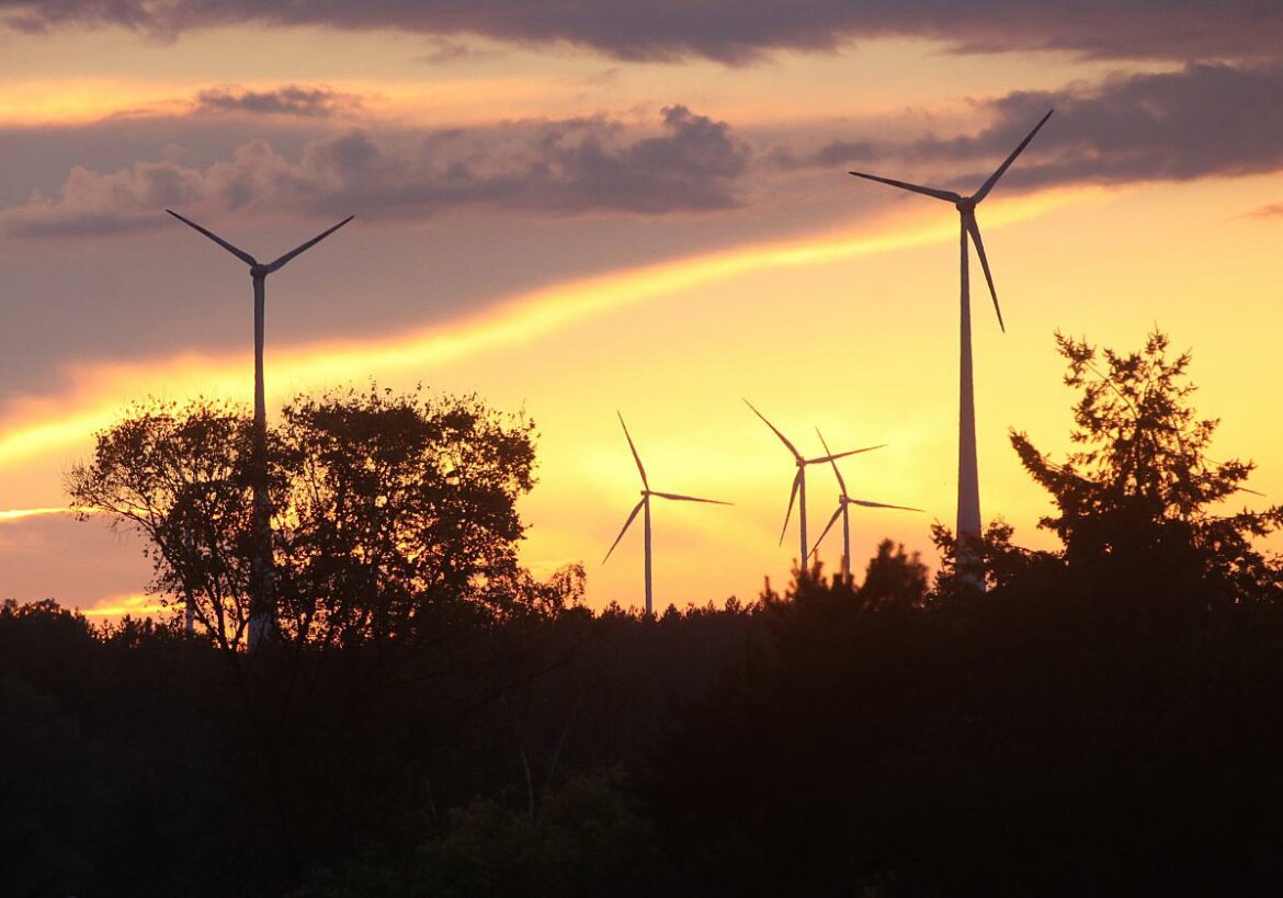 Windkraftwerke bei Sonnenuntergang