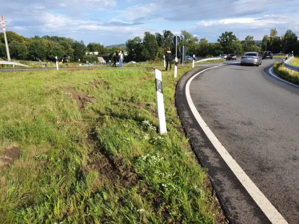 Reifenspuren in Grünfläche in Fahrtrichtung