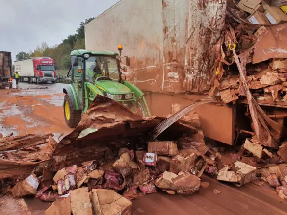 Kakao auf A1: Aufräumarbeiten bis zum Nachmittag nach Unfall mit drei LKW. / Foto: Heiko Westermann Kakao auf A1: Aufräumarbeiten bis zum Nachmittag nach Unfall mit drei LKW