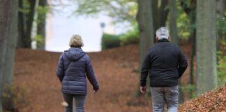 Mann und Frau spazieren im Wald