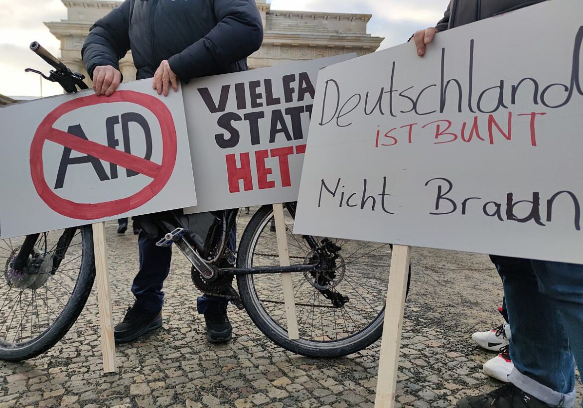 Demonstrationsschilder gegen AfD und Rechtsextremismus