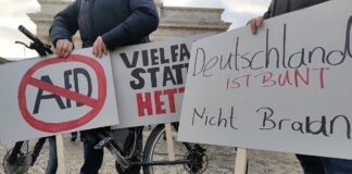 Demonstrationsschilder gegen AfD und Rechtsextremismus