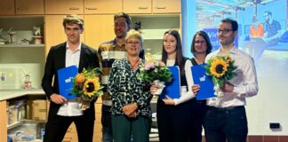 V.l.n.r.: Lennard Sogl, VDI-Vorsitzende Prof. Dr. Angela HamannSteinmeier, Sina-Marie Anker, Firas Adleh. Die Studierenden haben sich in ihren Abschlussarbeiten mit aktuellen technischen Fragestellungen beschäftigen und gesellschaftlich relevante Themen aufgegriffen. / Foto: Ulrike Starmann