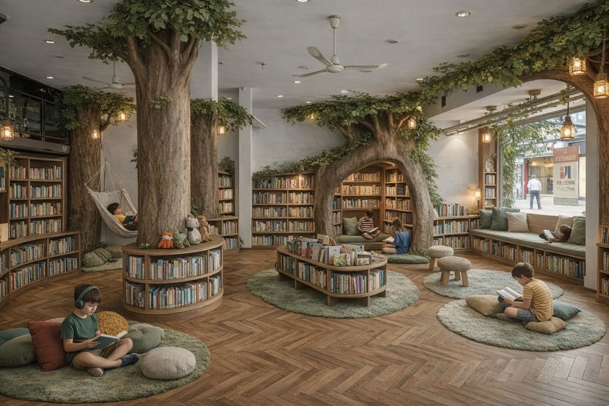 So stellt sich die Stadt das Erdgeschoss der neuen Kinderbibliothek vor, verweist aber darauf, dass es sich hierbei lediglich um eine KI-generierte Visualisierung handelt. / Foto: Stadt Osnabrück