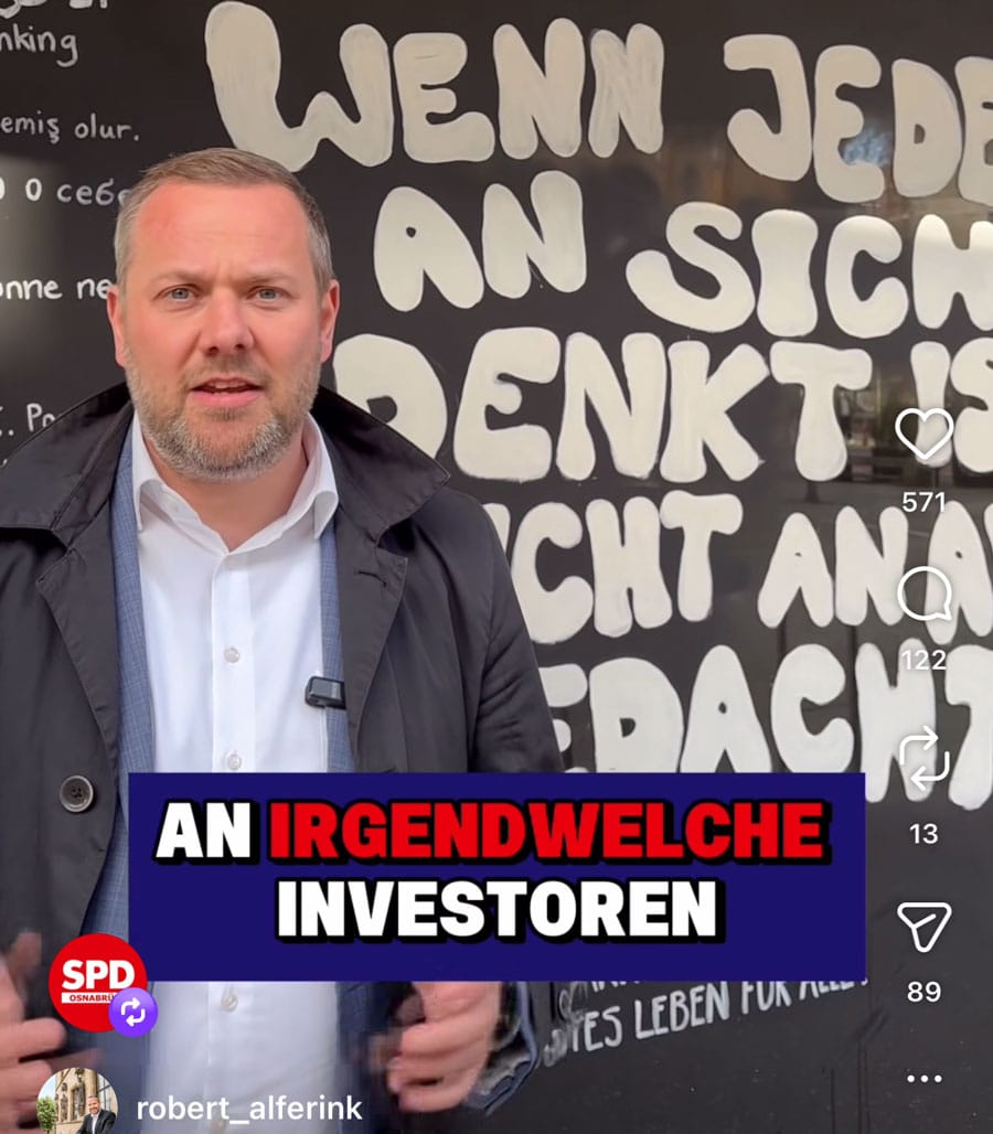 SPD OB-Kandidat Robert-Alferink über Investoren / Screenshot: Instagram