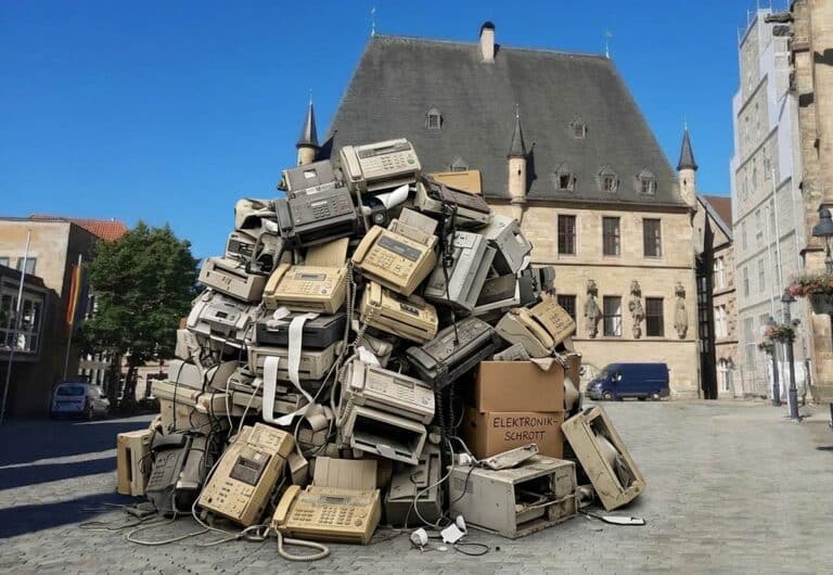 alte Faxgeräte vor dem Rathaus