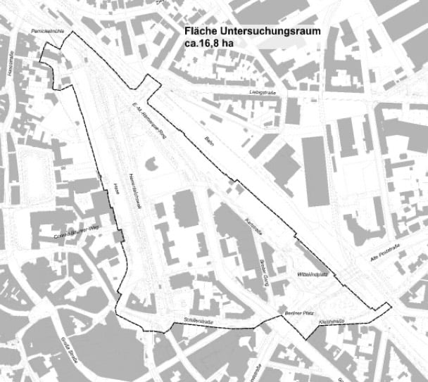 Gebiet, das die Verwaltung als "Remarquequartier" bezeichnet / Kartenausschnitt aus Vorlage RIS, Stadt Osnabrück
