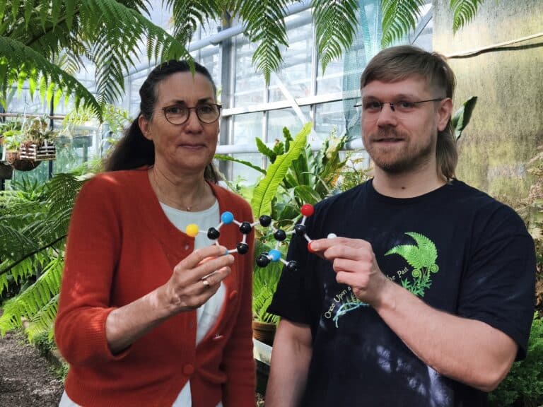 Prof. Zachgo und Dr. Kock mit einem Modell des Antioxidans./Foto: Cilian Kock in Innenstadt