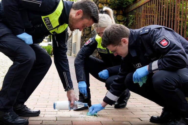 Polizei reinigt Stolpersteine in Osnabrück/ Foto: Polizeidirektion Osnabrück in Osnabrück (Gesamtstadt)