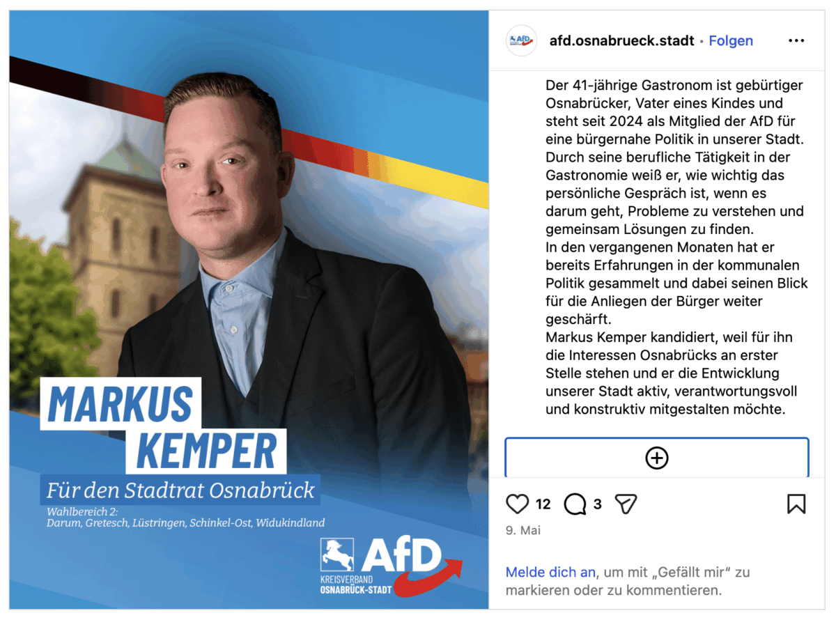 Flyer gegen AfD-Treffen: Aktivisten machen Druck auf Kneipe in Osnabrück Vorstellung von Markus Kemper auf Instagram.