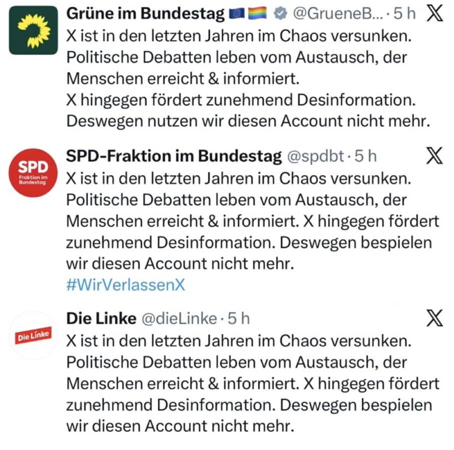 Grüne, SPD und SED mit bis auf das Komma gleichlautenden Erklärungen zu X am 4. Mai 2026