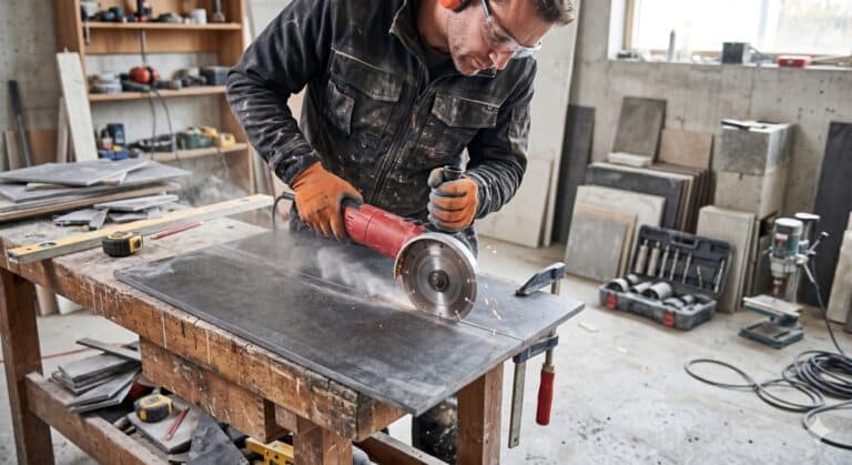 Ein Handwerker schneidet mit einem Winkelschleifer und einer Diamant-Trennscheibe präzise eine dunkle Feinsteinzeug-Fliese auf einer Werkbank.