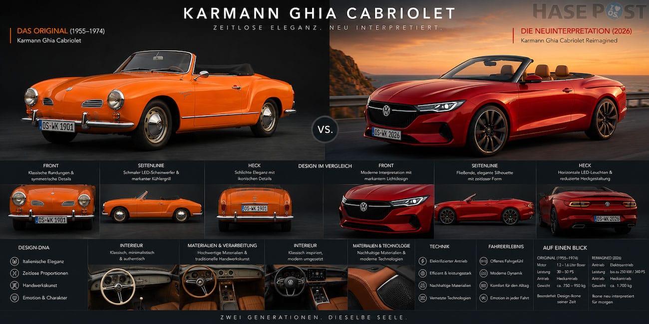 Karmann Roadster Cabriolet im Vergleich (hier noch als ("Ghia" bezeichnet) – Entwurf mit ✨ mit KI entwickelt