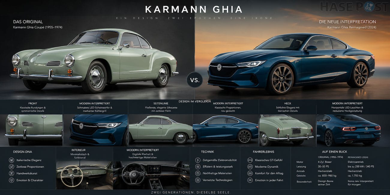 Karmann Roadster Coupé im Vergleich (hier noch als ("Ghia" bezeichnet) – Entwurf mit ✨ mit KI entwickelt