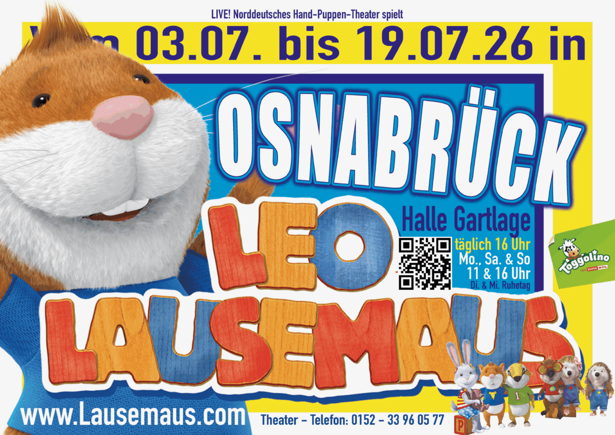 Nur noch bis 19. Juli: Leo Lausemaus bringt den „Wackelzahn“ in die Osnabrücker Halle Gartlage Live-Vorstellungen für alle ab zwei Jahren - Leo Lausemaus erzählt eine Geschichte über Freundschaft und Selbstvertrauen.