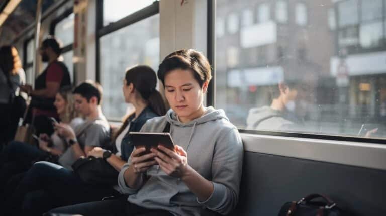 Frau mit Smartphone im Bus