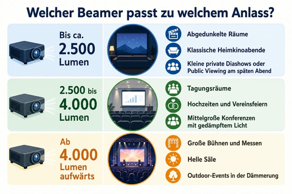 Infografik: Welcher Beamer passt zu welchem Anlass? - Bis ca. 2.500 Lumen: ausreichend für abgedunkelte Räume, klassische Heimkinoab...