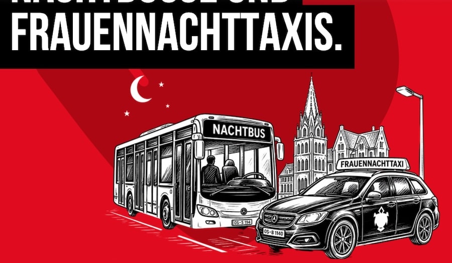 Ein Frauennachttaxi unterwegs zu einer Kirche, von der wohl die KI annimmt, sie könnte in Osnabrück sein, so der so ähnlich / SPD Wahlplakat (Bildausschnitt)