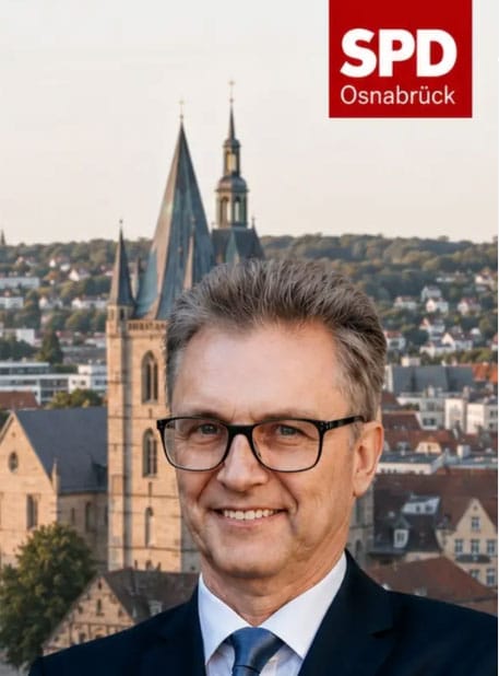 Und wieder seltsame Kirchtürme als Landmarke, die wohl Osnabrück repräsentieren solllen? / Wahlwerbung von Frank henning (SPD), Bildausschnitt Instagram