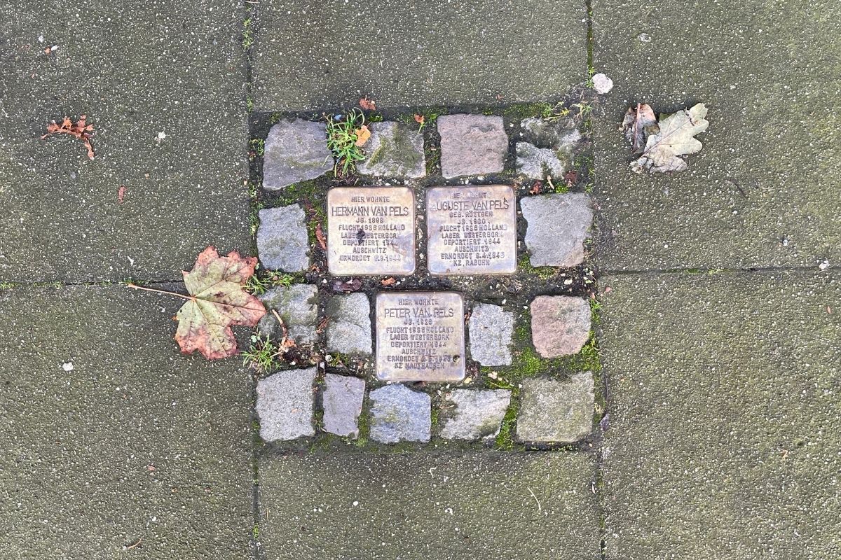 Die Stolpersteine von Peter van Pels und seinen Eltern in der Martinistraße. / Foto: Dominik Lapp