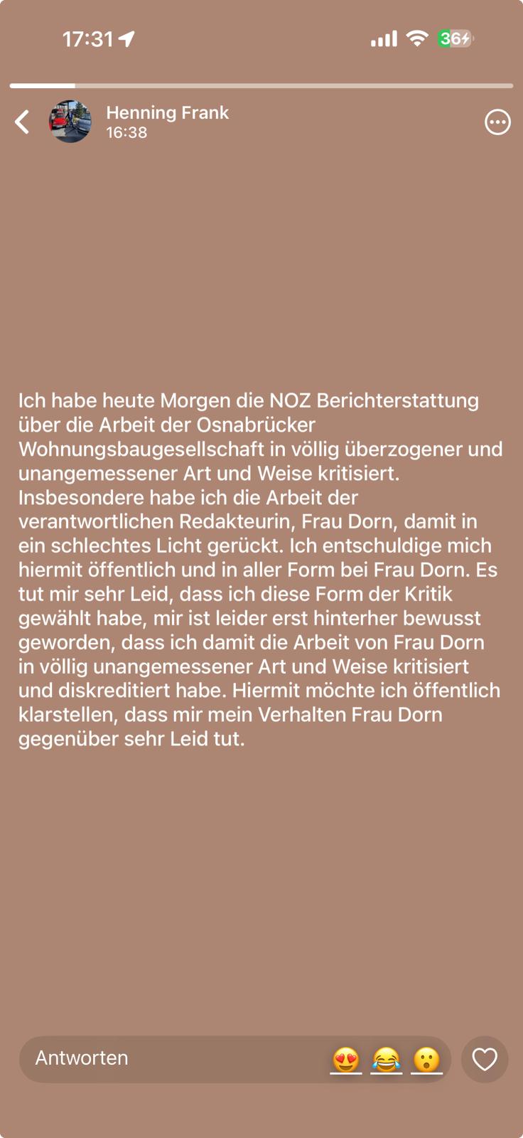 ...und die Entschuldigung einige Stunden später  / Screenshot WhatsApp