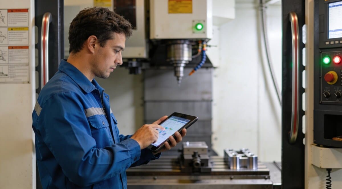 Servicetechniker überwacht Maschinendaten auf einem Tablet in einer industriellen Produktionshalle