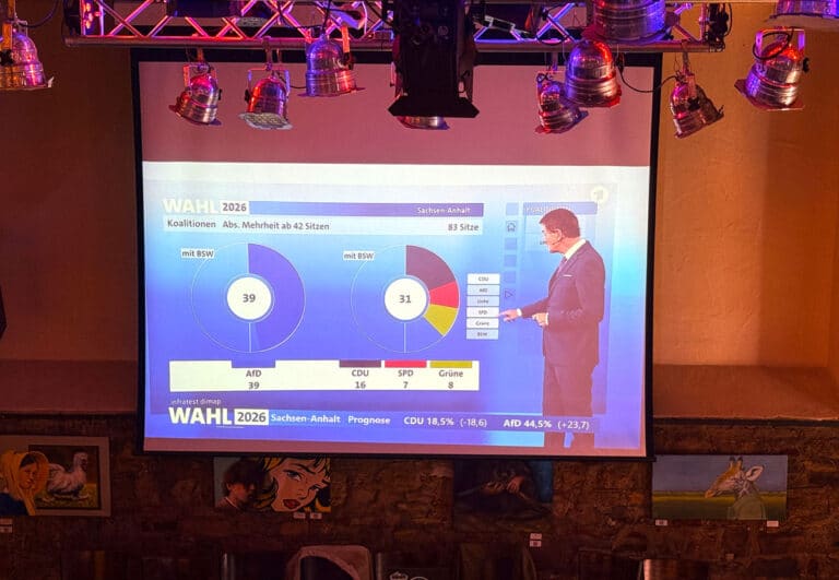 Erste Zahlen bei der ARD für Sachsen Anhalt; in der Lagerhalle Osnabrück