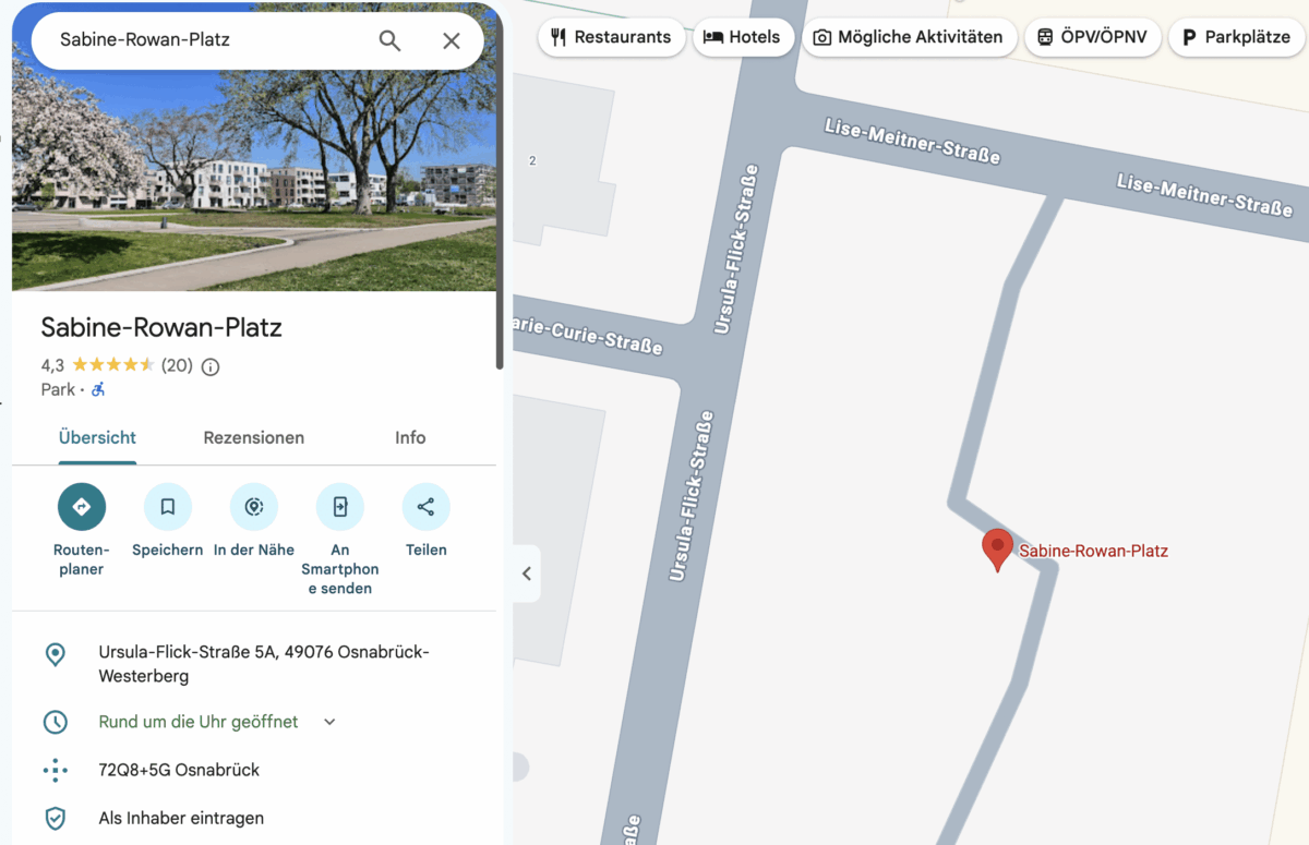 Bei Google Maps findet sich im Wissenschaftspark ein angeblicher Sabine-Rowan-Platz. / Foto: Screenshot Google Maps