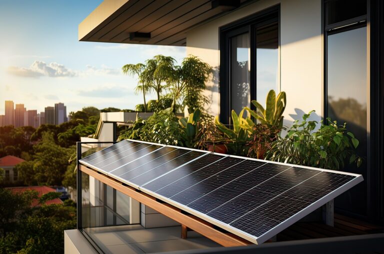 Balkonkraftwerk mit Solarmodulen am Geländer eines Balkons