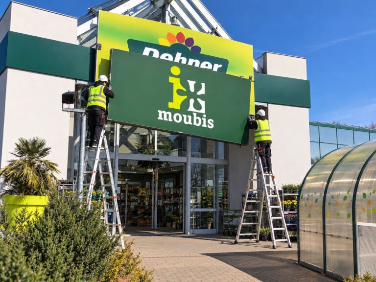 Zwei Arbeiter auf Leitern befestigen vor dem Dehner-Gartencenter in Osnabrück-Haste ein Moubis-Schild über dem alten Logo; KI-bearbeitete Illustration