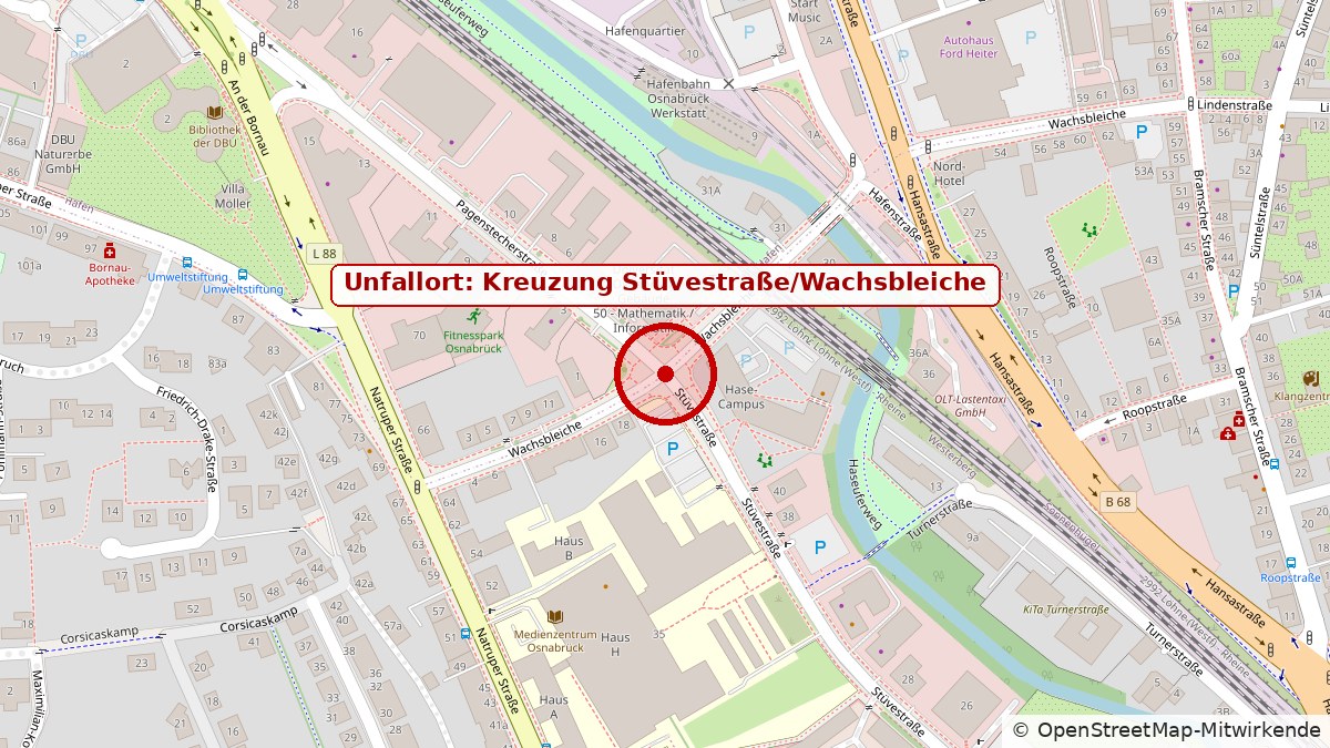 Kartenausschnitt mit markiertem Unfallort an der Kreuzung Stüvestraße/Wachsbleiche in Osnabrück
