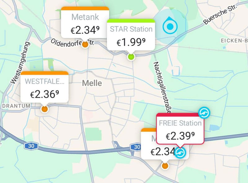 Google Preisvergleich Diesel in Melle am Vormittag des 1. Oktobers 2026