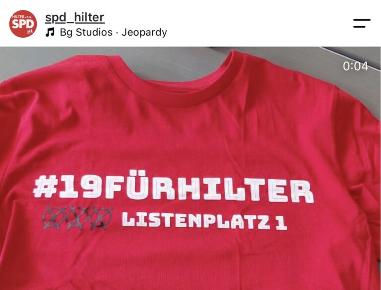 SPD-Trikot mit dem Aufdruck „#19FÜRHILTER“ und „Listenplatz 1“ auf Instagram