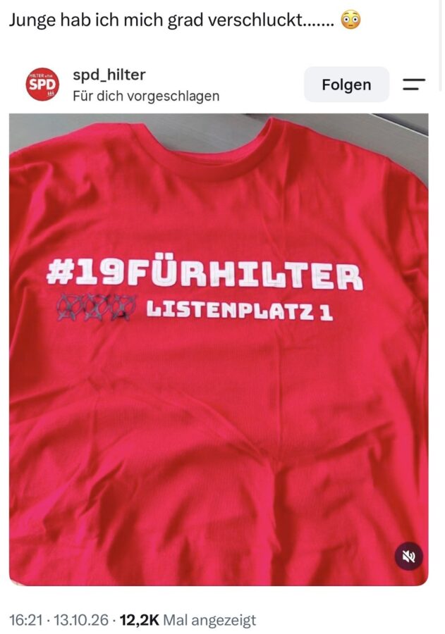 Screenshot von Reaktionen auf X zum SPD-Trikot „#19FÜRHILTER“