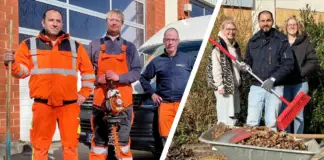 Links: Zuhair Ajam unterstützt am Baubetriebshof der Gemeinde Bissendorf Stefan Braksiek, Harald Kämper und die anderen Kollegen bei Grünpflegearbeiten. Rechts: Ayad Hamo sorgt am Schul- und Sportzentrum Bissendorf für Ordnung. Dazu steht er im engen Kontakt mit Mathilde Menslage, Diakonie Osnabrück Stadt und Land, und Lena Kaumkötter, Team Migration + Integration der Gemeinde Bissendorf.