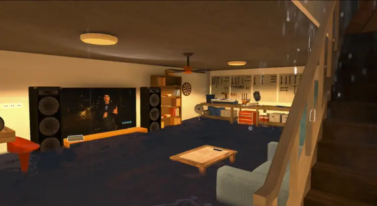 Im Fernseher laufen reale Nachrichtenausschnitte zu Flutkatastrophen.