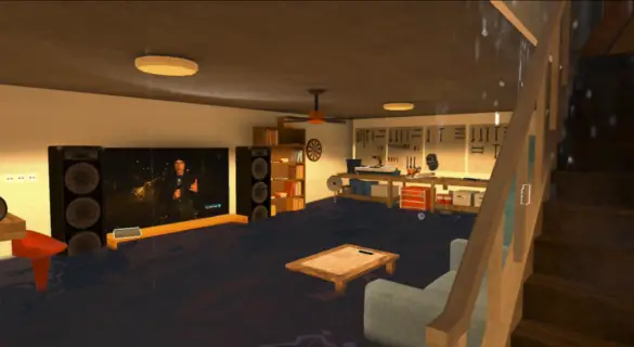 Im Fernseher laufen reale Nachrichtenausschnitte zu Flutkatastrophen.