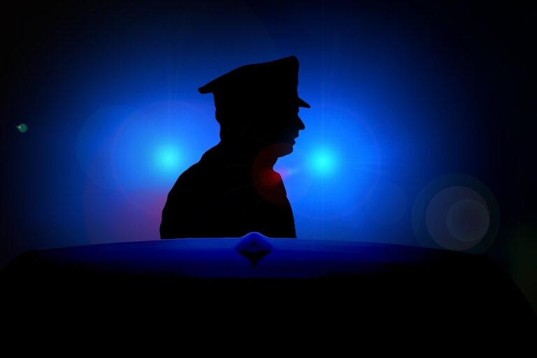 Silhouette eines Polizisten, dahinter Blaulicht