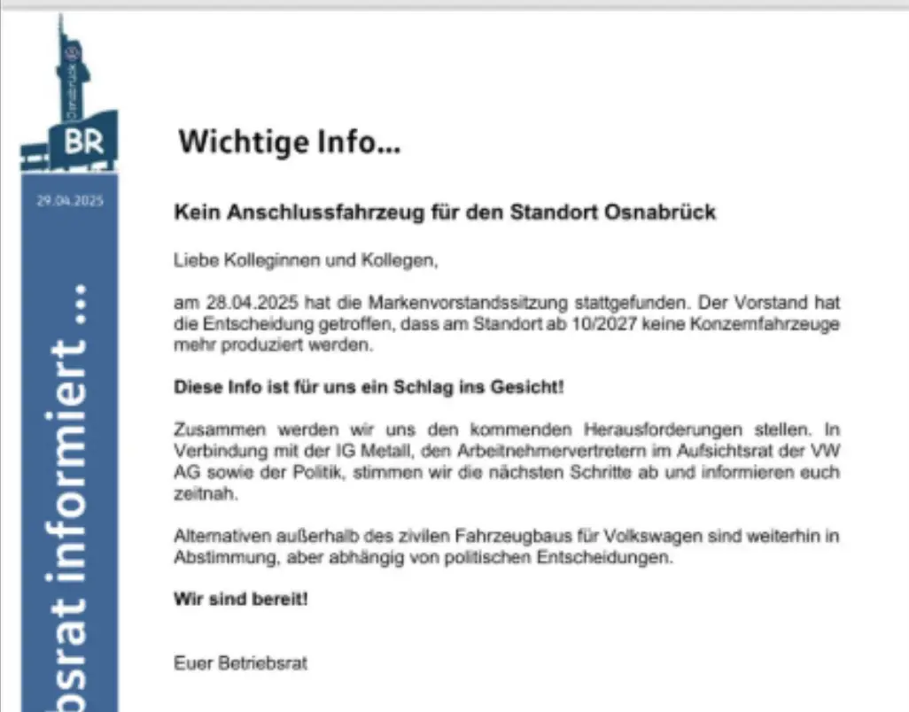 Mitteilung des VW-Betriebsrats. / Foto: Screenshot X