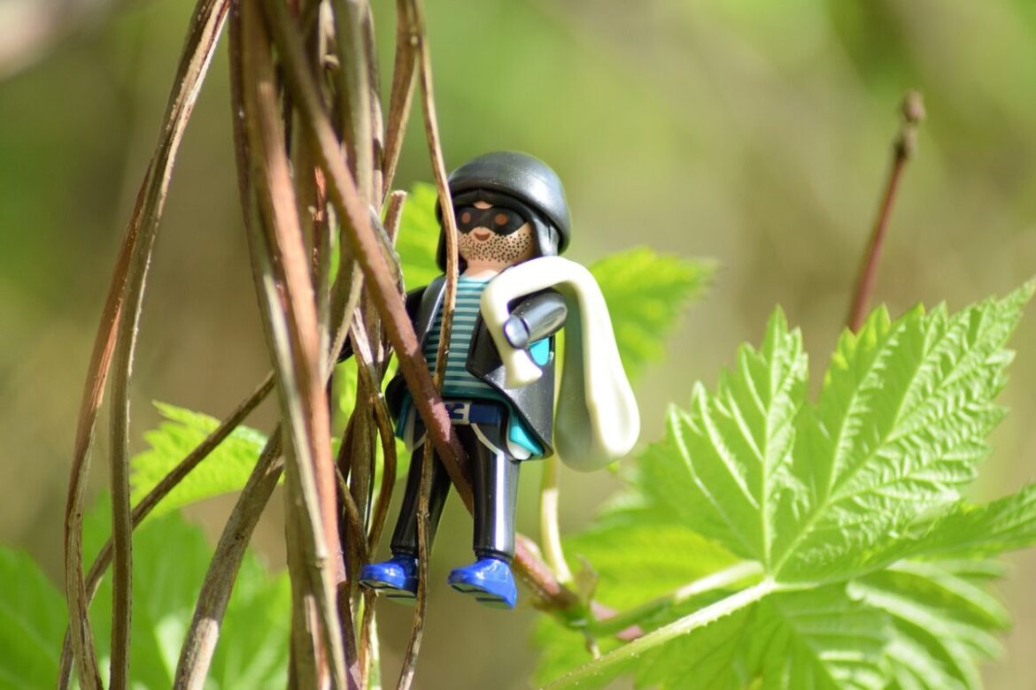 Einbrecher zwischen Pflanzen im Garten, dargestellt durch eine Playmobilfigur (Symbolbild)