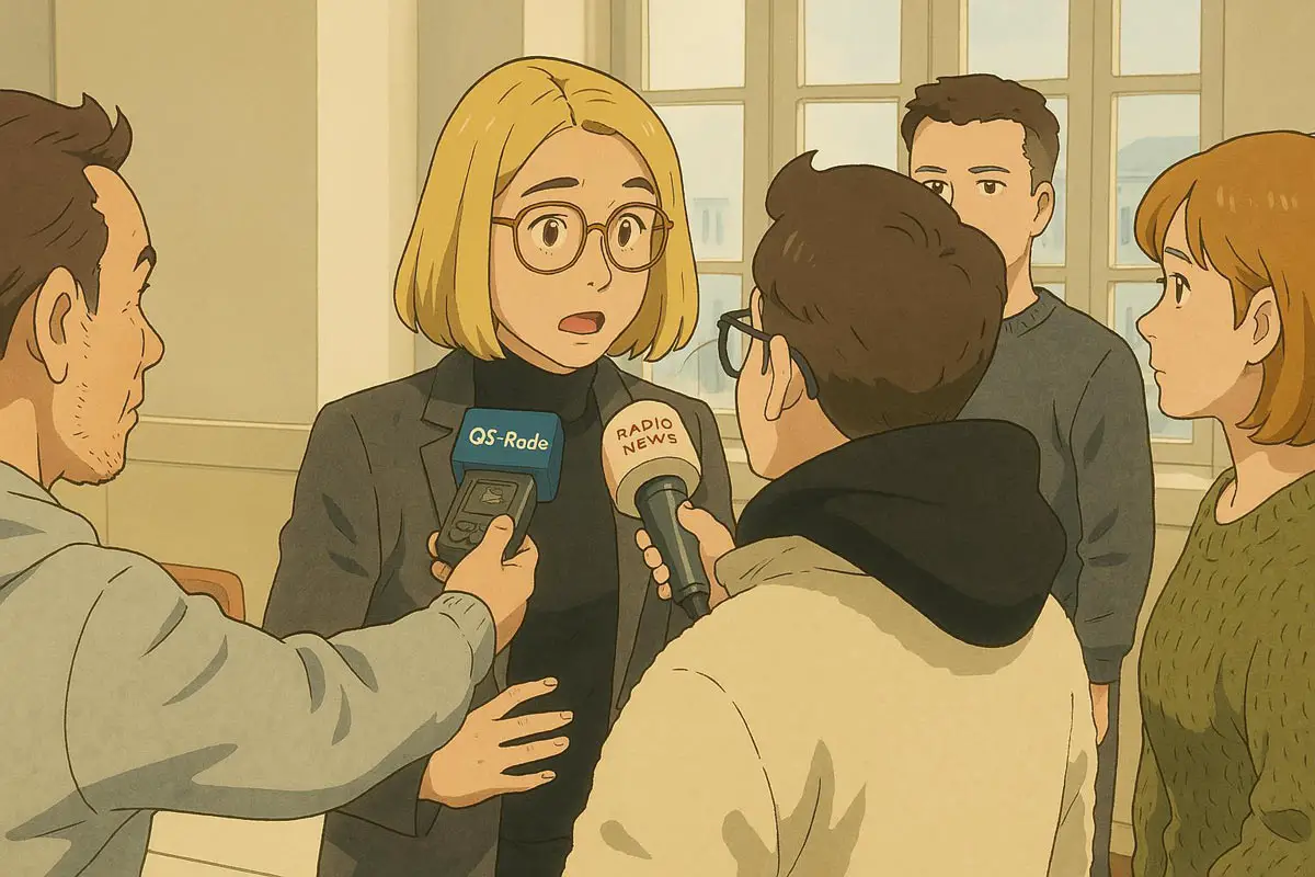 So sieht unsere Comic-KI eine Pressekonferenz mit Oberbürgermeisterin Katharina Pötter / ki-generiert