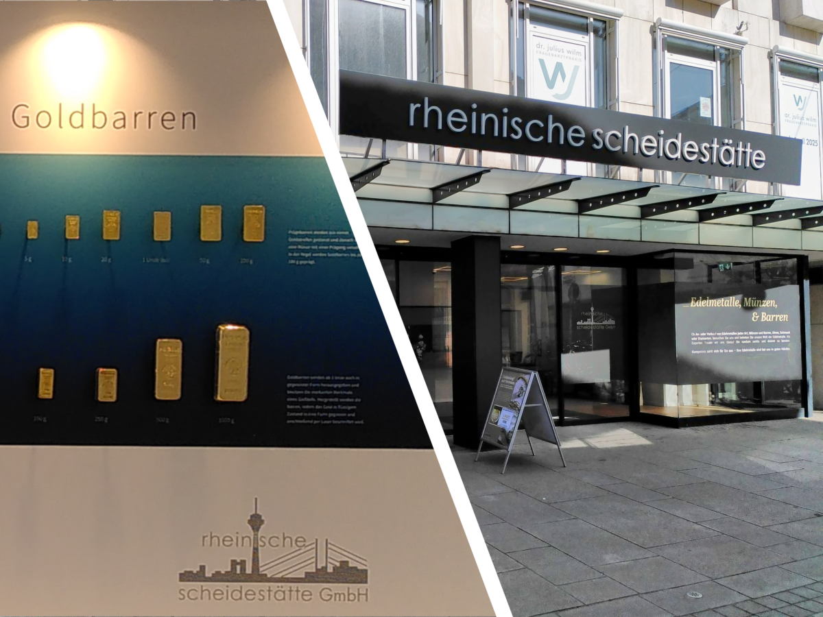 (links:) Dummies von zum Verkauf angebotenen Anlagegoldbarren. (rechts:) Fassade Rheinische Scheidestätten GmbH Niederlassung Osnabrück.
