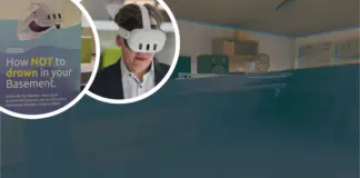 Oben links: Plakat von Basement Breakout auf der Projektmesse "Lösungen für die Welt von morgen". Rechts daneben: Prof. Dr. Frank Thiesing, der die Messe moderiert hat, beim Ausprobieren der VR-Simulation. Im Hintergrund: Screenshot aus Basement Breakout.