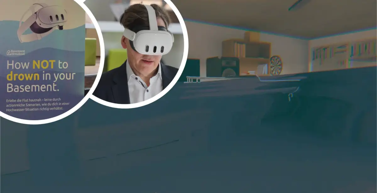 Oben links: Plakat von Basement Breakout auf der Projektmesse "Lösungen für die Welt von morgen". Rechts daneben: Prof. Dr. Frank Thiesing, der die Messe moderiert hat, beim Ausprobieren der VR-Simulation. Im Hintergrund: Screenshot aus Basement Breakout.